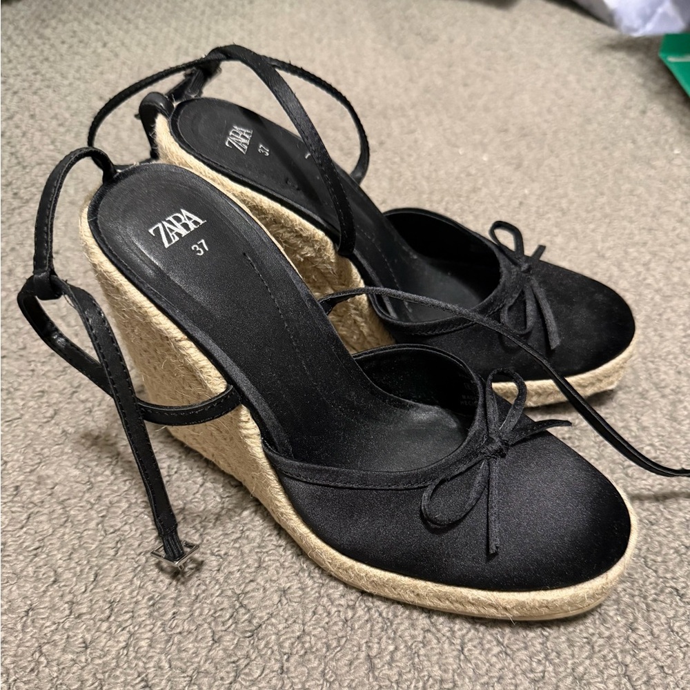 Zara Satin Black Wedge Espadrilles